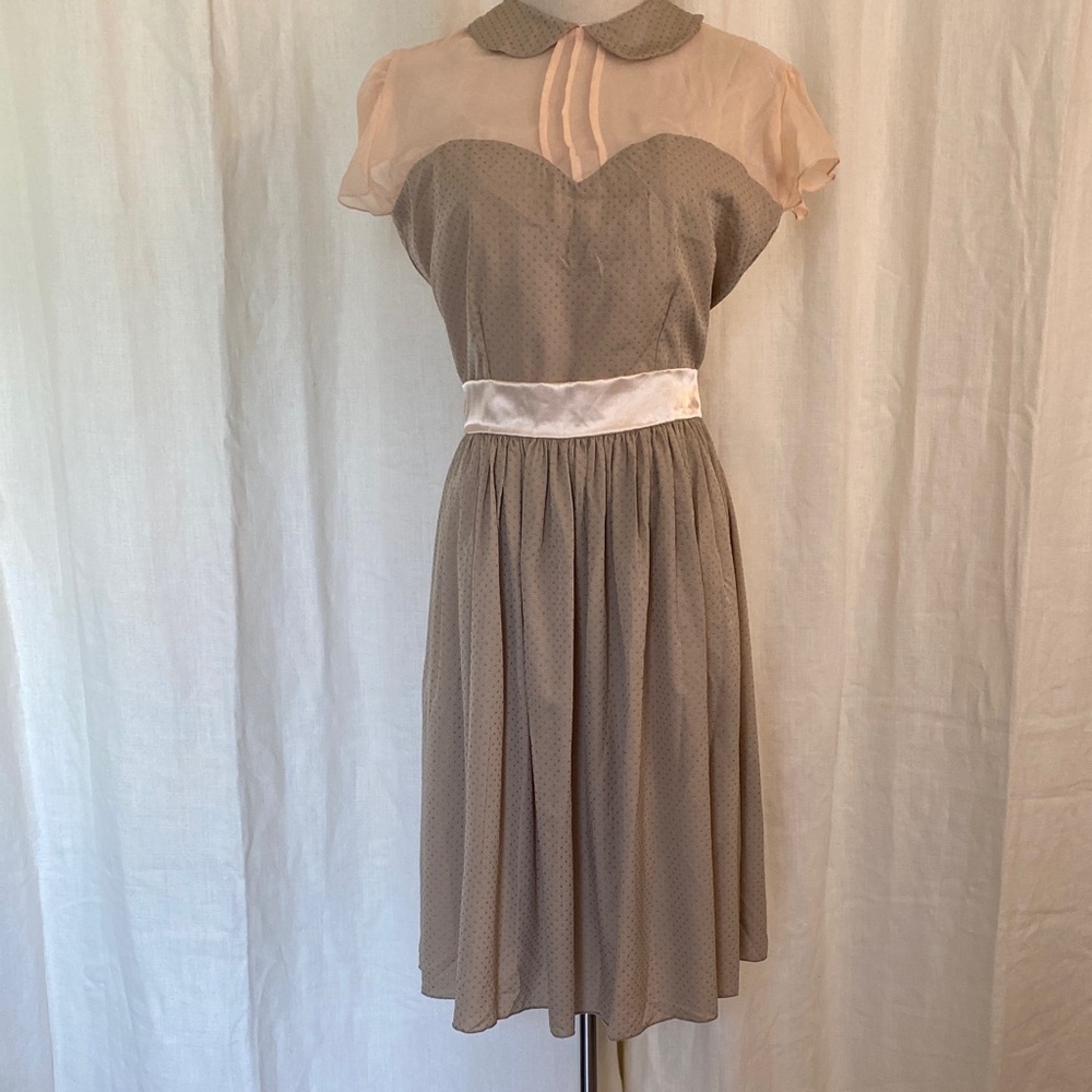 Vintage-Inspired Taupe and Blush Fit-and-Flare Dress